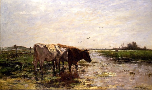 Koeien aan een plas by Willem Maris