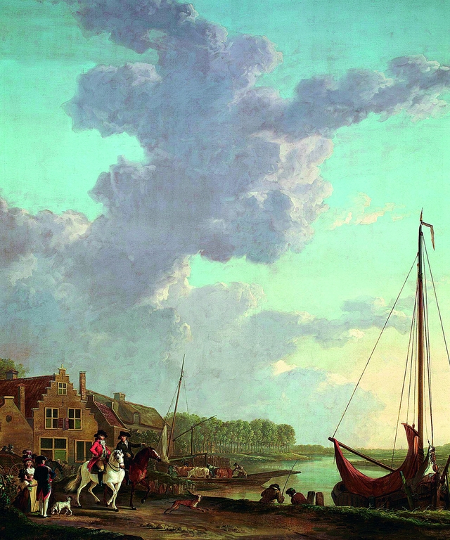 Rivierlandschap met een boeier en ruiters te paard op de voorgrond by Jacob van Strij