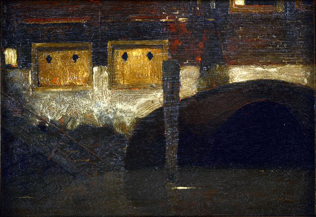 Huizen met meerpaal aan het water by Willem Witsen
