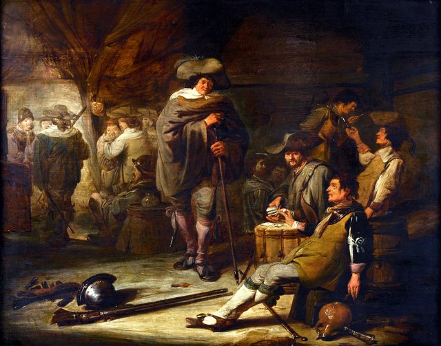 Interieur met drinkende soldaten bij kaartspel by Benjamin Gerritsz Cuyp