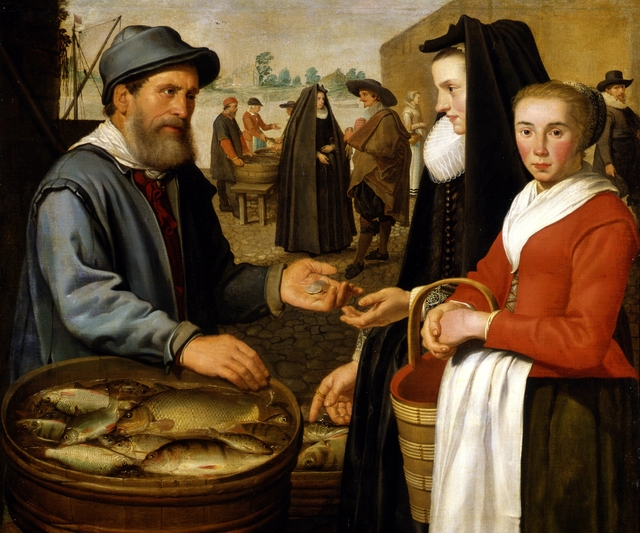 Woman with servant buying fish from a market trader by Jacob Gerritsz. Cuyp