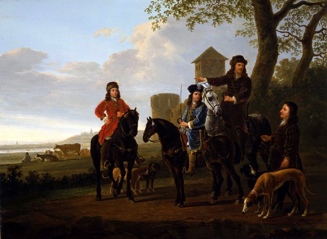 Equestrian Portrait of Cornelis (1639–1680) and Michiel Pompe van Meerdervoort (1638–1653) with Their Tutor and Coachman ("Starting for the Hunt") by Jacob van Strij