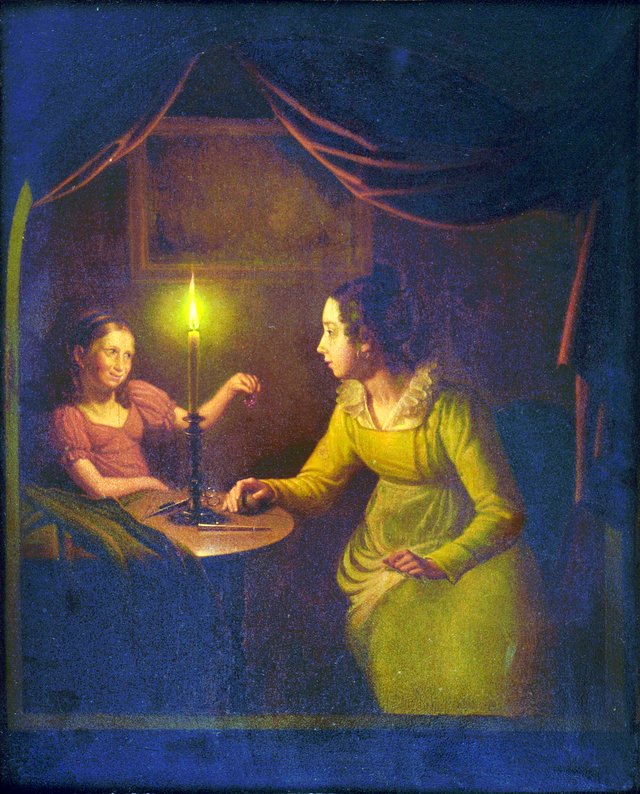 Binnenhuis met moeder en kind bij kaarslicht by Michiel Versteegh
