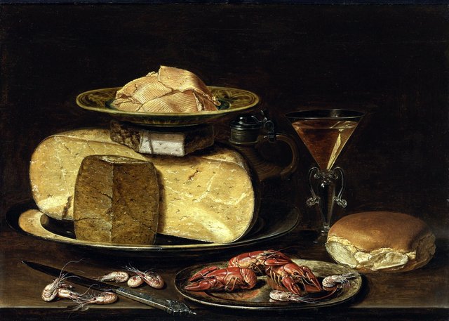 Cheesestack with knife, shrimps, crawfish, glass of wine and bread by Clara Peeters