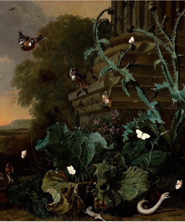 Italianiserend landschap met planten en dieren by Abraham Begeyn