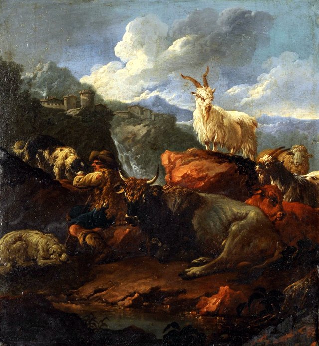 Shepherd and animals in a landscape by Philipp Peter Roos