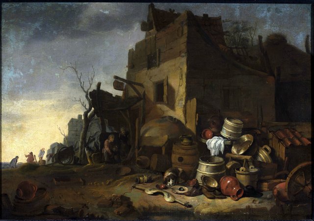Kitchen utensils before a farmstead. by Egbert van der Poel