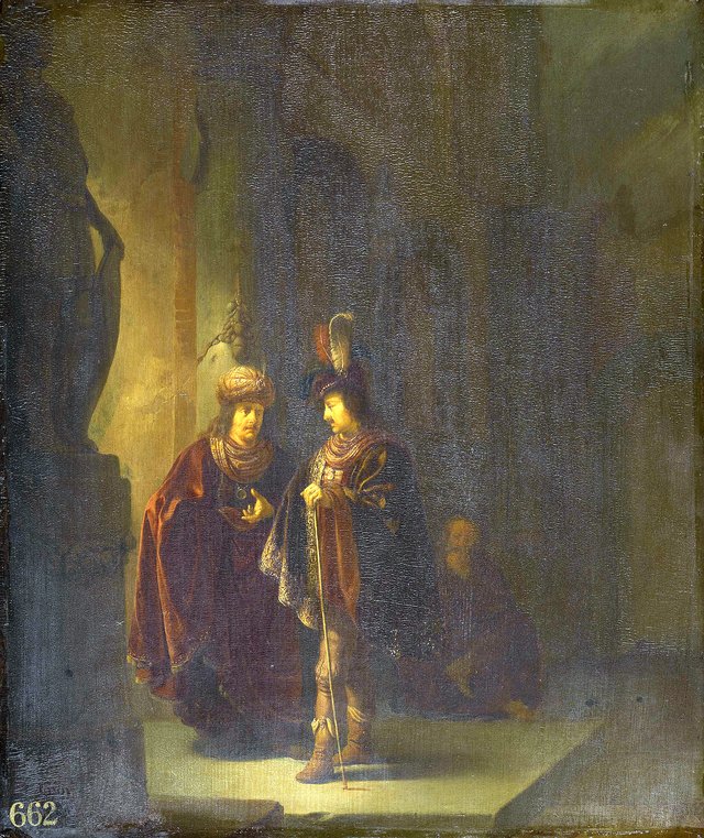 Mordecai Listening to the Conspiracy of Ahasuerus's Chamberlains, Bigthan and Teresh by Willem de Poorter