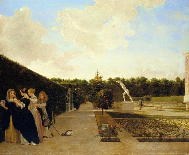A formal Garden: three Ladies surprised by a Gentleman by Ludolf de Jongh
