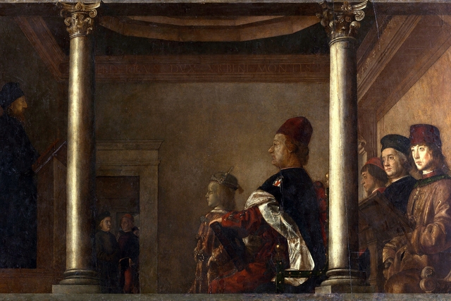 Federico da Montefeltro, Duke of Urbino (1422-1482), his son Guidobaldo (1472-1508), and others listening to a discourse by Justus van Gent