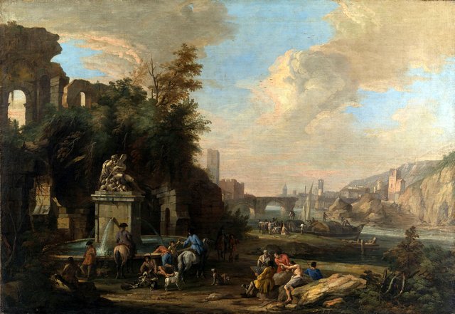 A Caprice Landscape with a Fountain and an Artist Sketching by Luca Carlevarijs