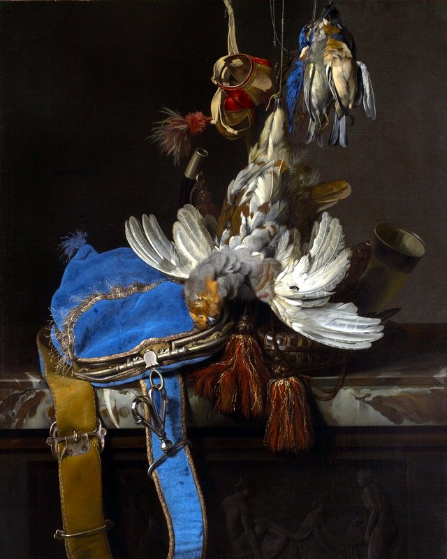 Hunt Still Life with a Velvet Bag on a Marble Ledge by Willem van Aelst