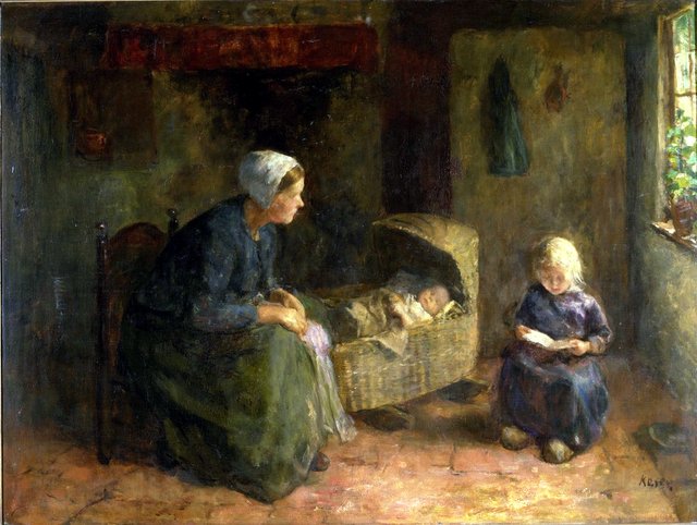 Moeder en kind bij wieg by Jacob Simon Hendrik Kever