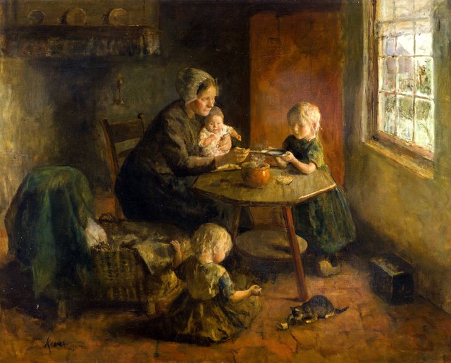 Boereninterieur met vrouw en drie kinderen by Jacob Simon Hendrik Kever