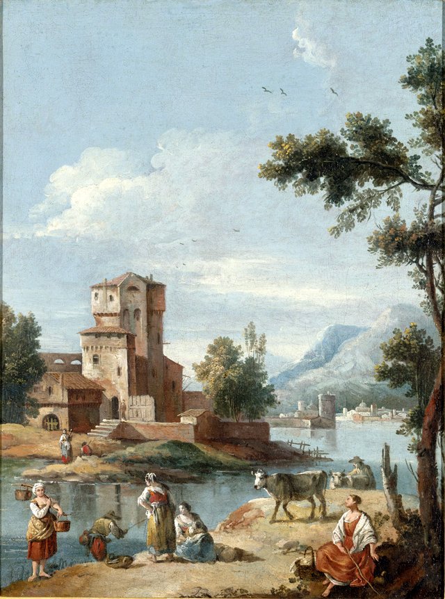 Italian landscape with a lake, figures and animals by Giuseppe Zais