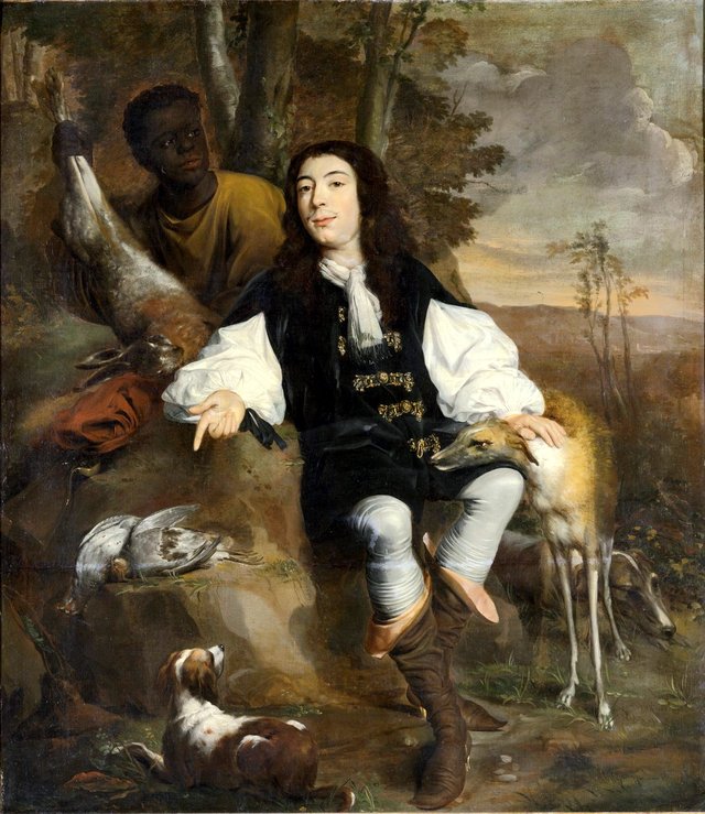 Portrait of an unknown man, with a servant and hunting game by Willem Eversdijck