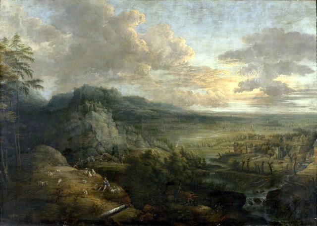 Vergezicht met veehoeder en vee by Lucas van Uden