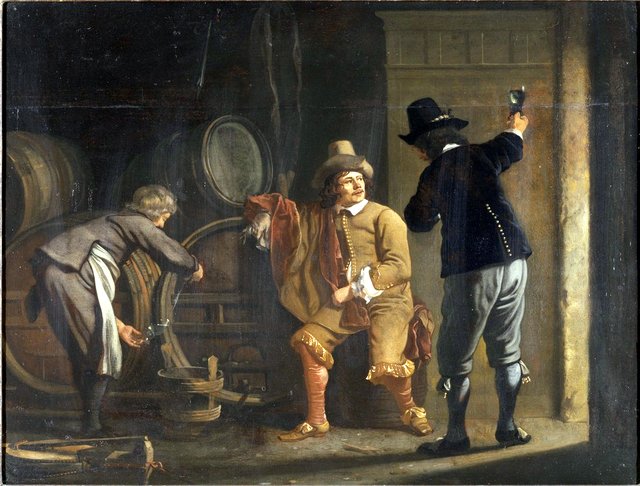 Drie mannen in een wijnkelder by Jacob van Loo