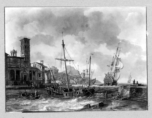 view of an italian harbour by Abraham Storck