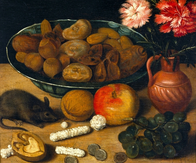 Stilleven met vaas bloemen, noten, vruchten en muis by Georg Flegel
