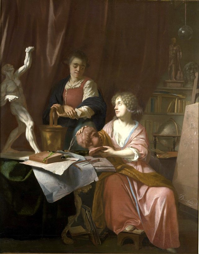 Lady and girl in the studio of an artist by Johannes Voorhout
