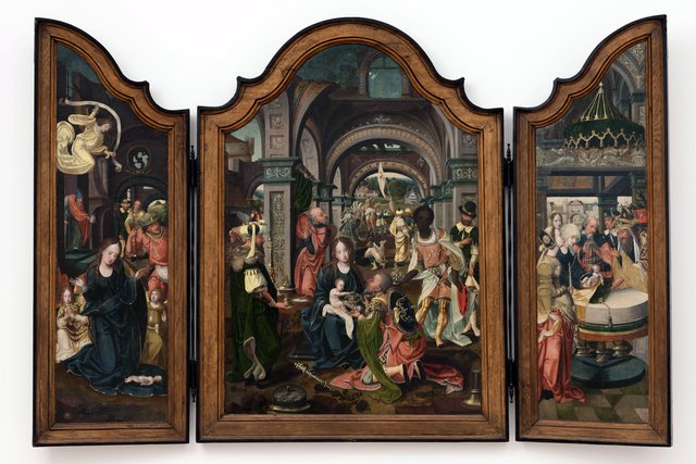 Adoration of the Magi (centre); Mary in worship of the Christ child (left); presentation of Christ in the temple (right) by Pieter Coecke van Aelst