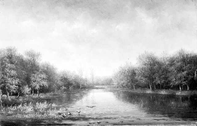 Landschap met vijver en bomen by Johannes Warnardus Bilders