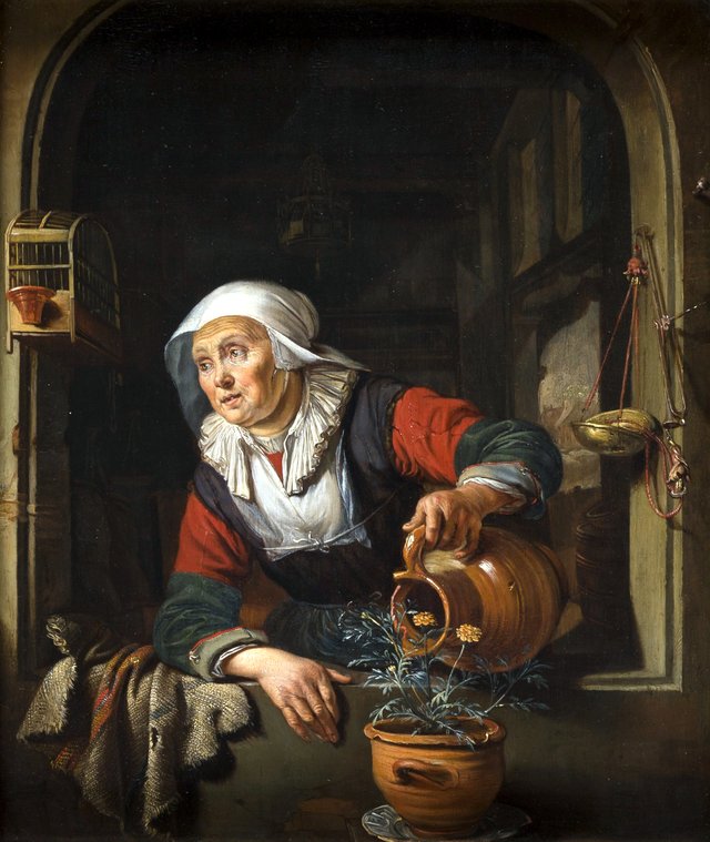 old woman at window by Domenicus van Tol