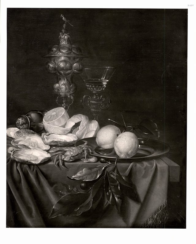 Stilleven met verguld zilveren beker, oester en een geschilde citroen by Joris van Son