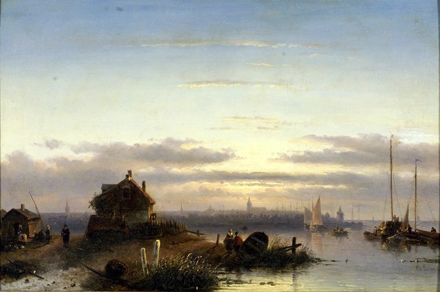 Riviermonding met stad in verschiet by Charles Leickert