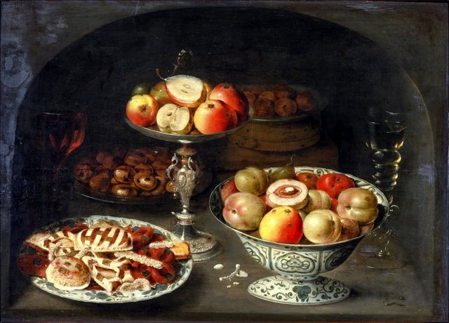 Still life with fruit, sweetmeats and wine, in a niche by Osias Beert