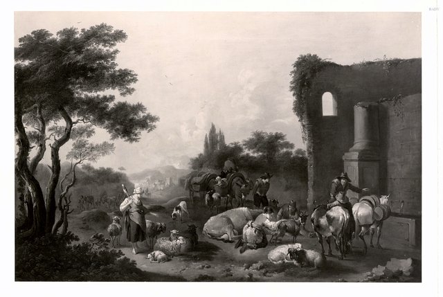 Peasants and animal near ruins by Willem Romeyn