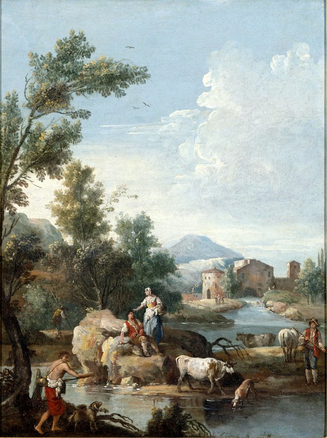 Italian landscape with river, figures and cattle by Giuseppe Zais