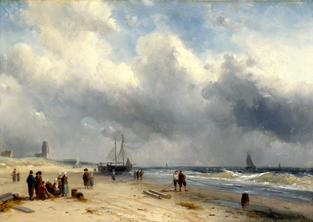 Strand met schepen en vissers by Charles Leickert