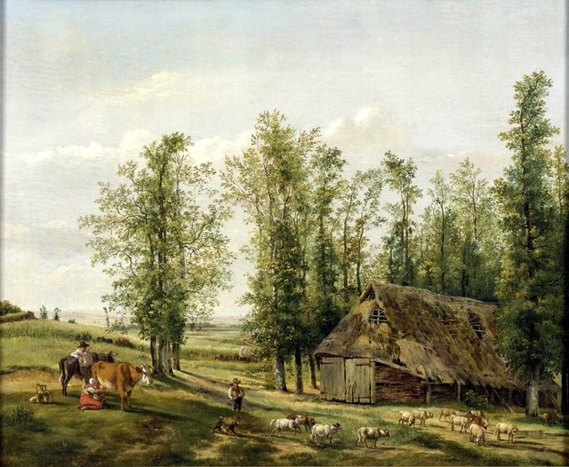 Landschap met een herder en zijn kudde bij een schaapskooi by Pieter Gerardus van Os