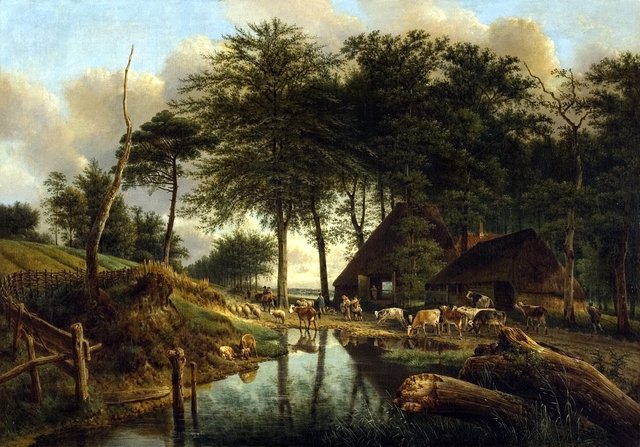 Scenery with figures and cattle by Joseph August Knip