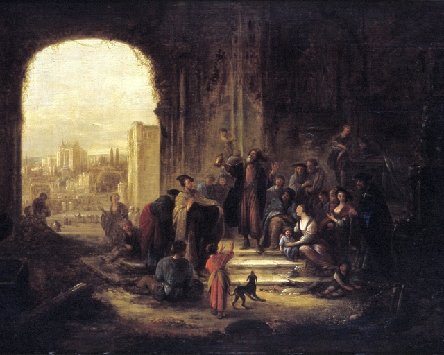 Diogenes probeert bij daglicht met een aangestoken lantaarn by Jacob Willemsz de Wet