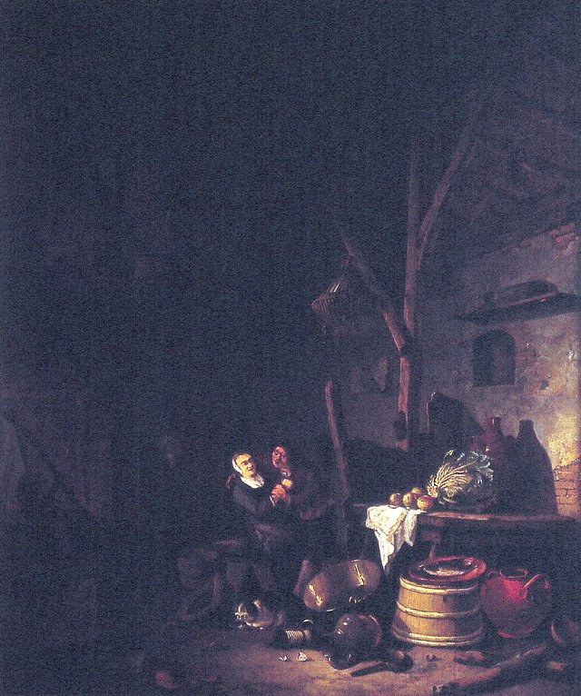 Interior of a barn with a peasant courting a woman by Hendrik Martenszoon Sorgh
