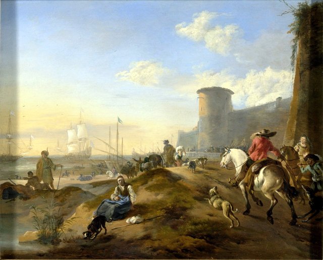 Harbour - scenery with travellers, riders and shippers by Dirk Stoop