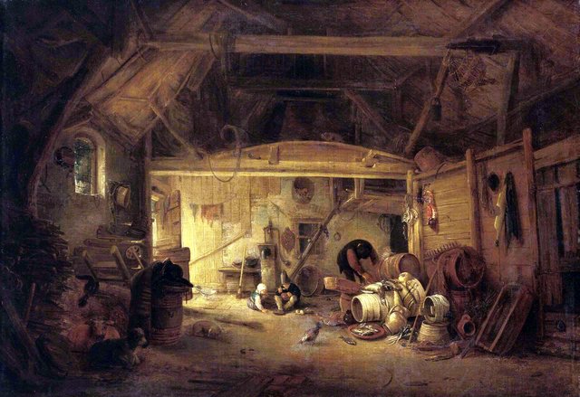 A barn interior with two children eating and a man working by Isaac van Ostade