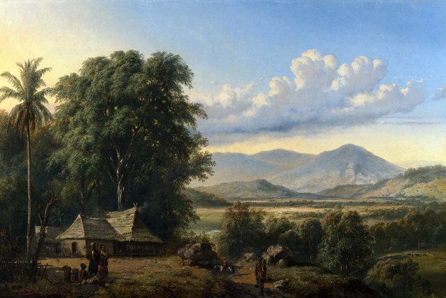 Indonesian landscape with village by Raden Saleh