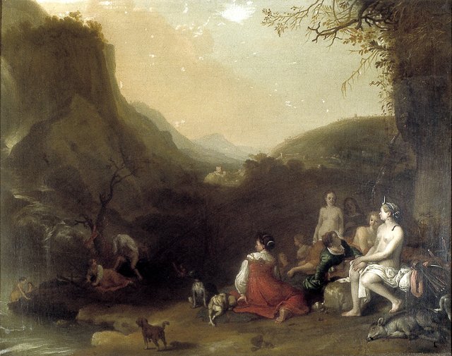 Mountainous landscape with Diana bathing by Nikolaus Knüpfer