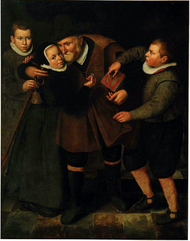 Oude man met armbus en kinderen by Cornelis Engelsz.