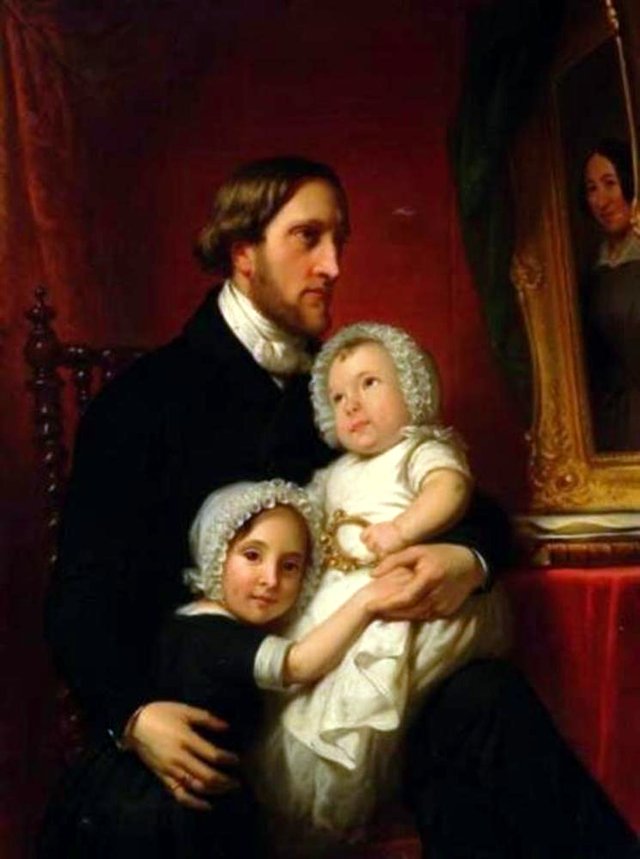 Portrait of Simeon Petrus baron van Heemstra (1815-1896) with his daughters Anna Elisabeth (1847-1888) en Sophia Adriana Johanna (1848-1875) by Jan Adam Kruseman