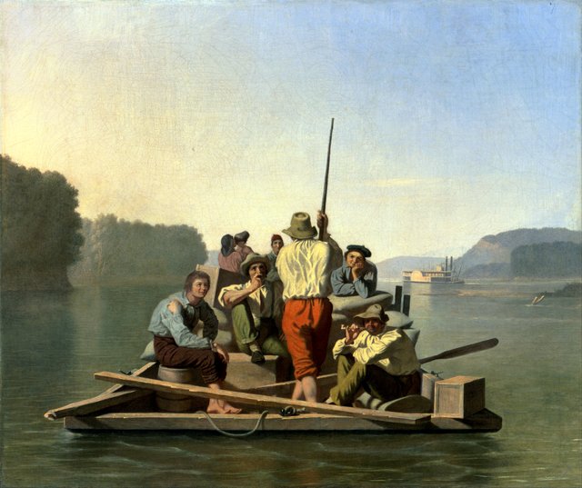 Lighter Relieving a Steamboat Aground by George Caleb Bingham