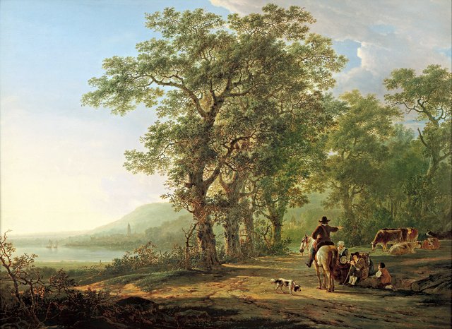 Figures in a forest landscape by Jacob van Strij