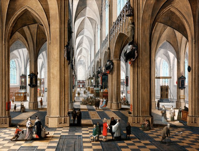 A church interior with elegant figures strolling and figures attending mass by Pieter Neefs the Elder