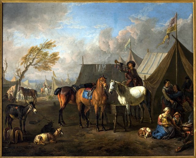 Camp scene with a trumpeter. by Pieter van Bloemen