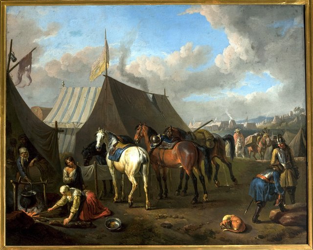 Camp scene with urinating horse by Pieter van Bloemen