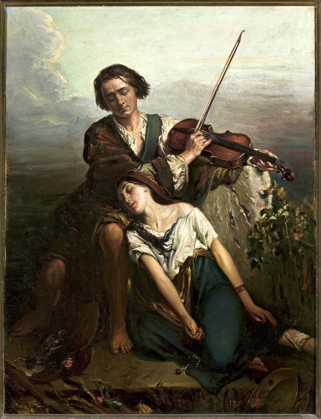 Fiddler and a gypsy (Solace). by Louis Gallait